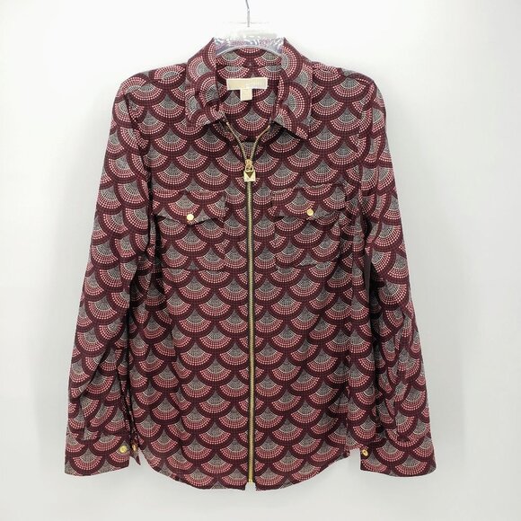 MICHAEL Michael Kors Tops - MICHAEL KORS Gold Zipper Front Roll Tab Ombre Dot Pink Maroon Blouse Career M
